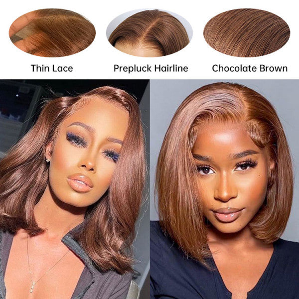 this chocolate dark brown bob wig is made with thin lace ,preplucked hairline 