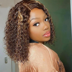 12 inch Honey Blonde Highlight Short Brown Curly Wig