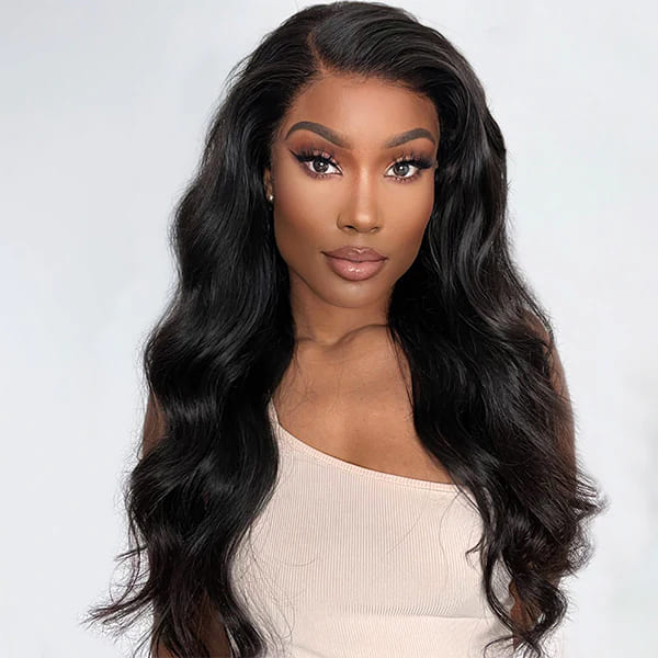 Glueless 13x6 Frontal Lace Natural Black Body Wave Side Part Long